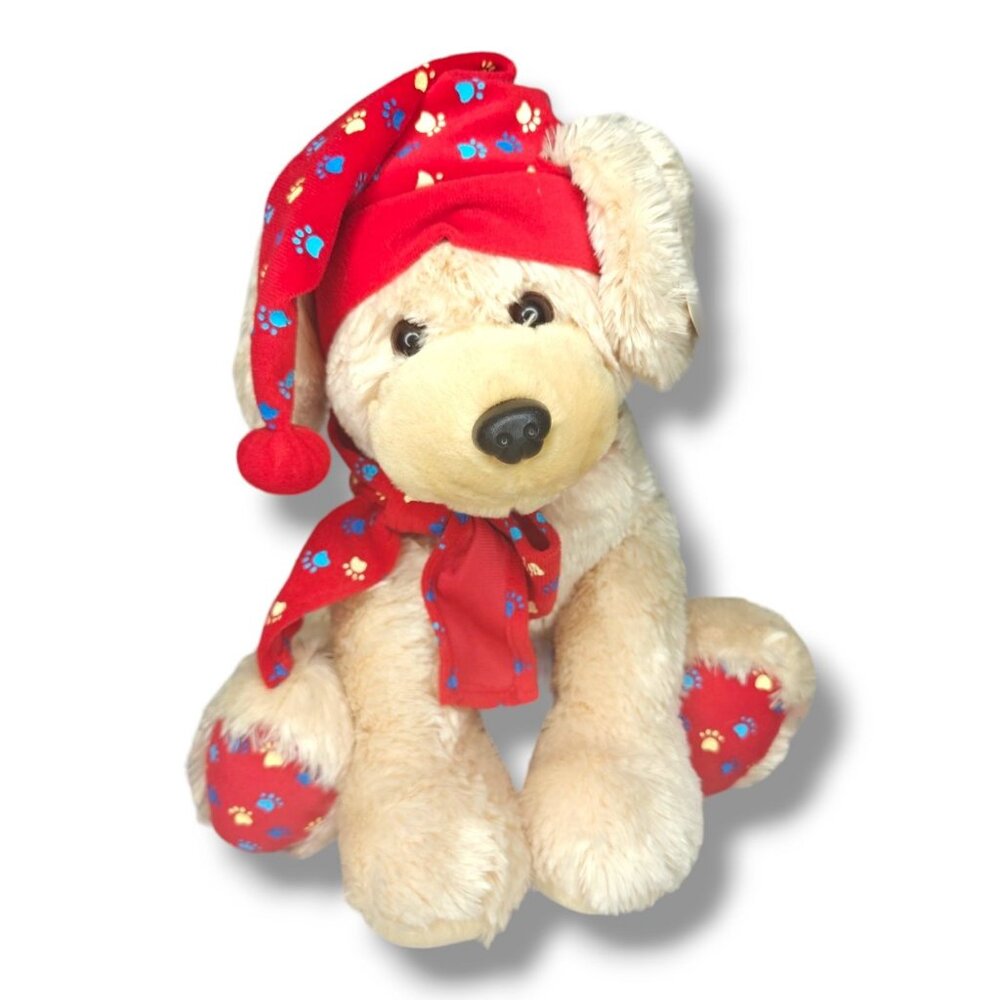 Gund Sleepy Time Puppy Plush 14" Red Paw Print Hat Scarf Cuddly Bedtime Buddy